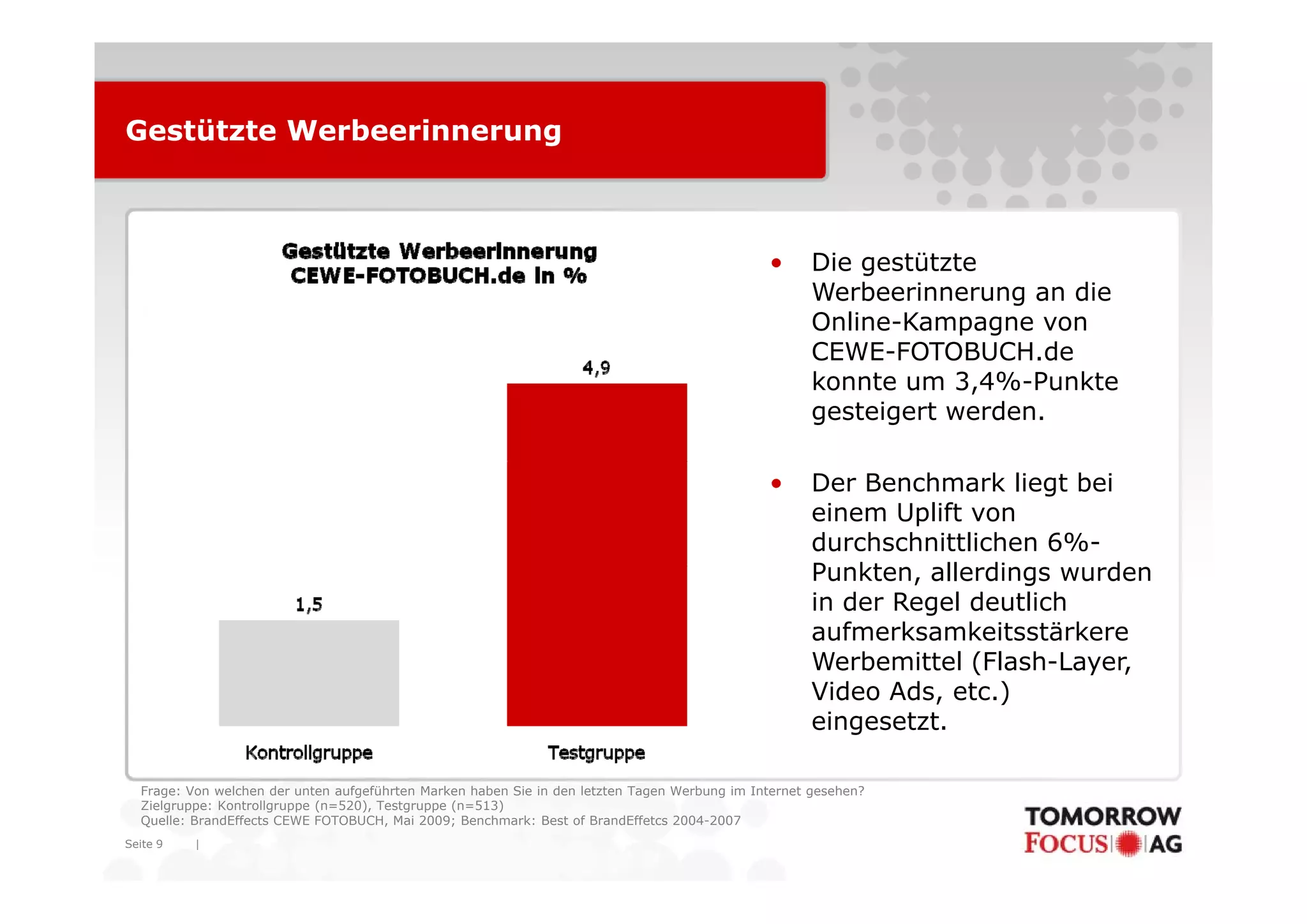 Gestützte Werbeerinnerung



                                                                                               •      Die gestützte
                                                                                                      Werbeerinnerung an die
                                                                                                      Online-Kampagne von
                                                                                                      CEWE FOTOBUCH.de
                                                                                                      CEWE-FOTOBUCH.de
                                                                                                      konnte um 3,4%-Punkte
                                                                                                      gesteigert werden.

                                                                                               •      Der Benchmark liegt bei
                                                                                                      einem Uplift von
                                                                                                      durchschnittlichen 6%-
                                                                                                      Punkten, allerdings wurden
                                                                                                      P kt       ll di       d
                                                                                                      in der Regel deutlich
                                                                                                      aufmerksamkeitsstärkere
                                                                                                      Werbemittel (Flash-Layer,
                                                                                                                   (        y ,
                                                                                                      Video Ads, etc.)
                                                                                                      eingesetzt.

  Frage: Von welchen der unten aufgeführten Marken haben Sie in den letzten Tagen Werbung im Internet gesehen?
  Zielgruppe: Kontrollgruppe (n=520), Testgruppe (n=513)
  Quelle: BrandEffects CEWE FOTOBUCH, Mai 2009; Benchmark: Best of BrandEffetcs 2004-2007
Seite 9   |
 