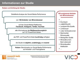 4
Studiensteckbrief Studie Social Media-
Performance Mineralwasser 2022
Informationen zur Studie
100 analysierte Anbieter
...