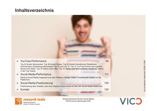 Studiensteckbrief Studie Social Media-
Performance Glücksspiel 2021
Inhaltsverzeichnis
©Luis
Molinero
Martínez/123RF.COM
Ø YouTube-Performance 90
Top 30 Anzahl Abonnenten, Top 30 Anzahl Videos, Top 30 Anzahl Interaktionen (Reaktionen,
Kommentare), Entwicklung Abonnenten Top 10 und Low 10, Top 72 YouTube-Performance gesamt
absolut und relativ, Top 10 Videos nach Likes, Top 10 Videos nach Kommentaren, Anzahl der Videos
in den Top Videos
Ø Social Media-Performance 111
Ranking Social Media insgesamt und nach Plattform (Ränge, Index), Verteilung der Indizes auf die
Plattformen
Ø Social Media-Positionierung 120
Positionierung aller Anbieter nach ihrer relativen Performance auf den vier Social Media-Plattformen
Ø Kontakt 125
 