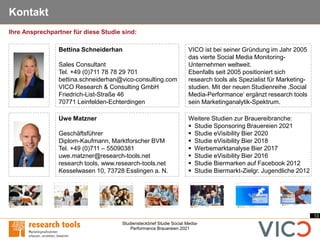 13
Studiensteckbrief Studie Social Media-
Performance Brauereien 2021
Kontakt
Uwe Matzner
Geschäftsführer
Diplom-Kaufmann, Marktforscher BVM
Tel. +49 (0)711 – 55090381
uwe.matzner@research-tools.net
research tools, www.research-tools.net
Kesselwasen 10, 73728 Esslingen a. N.
VICO ist bei seiner Gründung im Jahr 2005
das vierte Social Media Monitoring-
Unternehmen weltweit.
Ebenfalls seit 2005 positioniert sich
research tools als Spezialist für Marketing-
studien. Mit der neuen Studienreihe ‚Social
Media-Performance‘ ergänzt research tools
sein Marketinganalytik-Spektrum.
Weitere Studien zur Brauereibranche:
▪ Studie Sponsoring Brauereien 2021
▪ Studie eVisibility Bier 2020
▪ Studie eVisibility Bier 2018
▪ Werbemarktanalyse Bier 2017
▪ Studie eVisibility Bier 2016
▪ Studie Biermarken auf Facebook 2012
▪ Studie Biermarkt-Zielgr. Jugendliche 2012
Ihre Ansprechpartner für diese Studie sind:
Bettina Schneiderhan
Sales Consultant
Tel. +49 (0)711 78 78 29 701
bettina.schneiderhan@vico-consulting.com
VICO Research & Consulting GmbH
Friedrich-List-Straße 46
70771 Leinfelden-Echterdingen
 