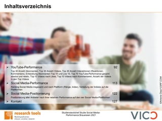 Studiensteckbrief Studie Social Media-
Performance Brauereien 2021
Inhaltsverzeichnis
➢ YouTube-Performance 92
Top 30 Anzahl Abonnenten, Top 30 Anzahl Videos, Top 30 Anzahl Interaktionen (Reaktionen,
Kommentare), Entwicklung Abonnenten Top 10 und Low 10, Top 70 YouTube-Performance gesamt
absolut und relativ, Top 10 Videos nach Likes, Top 10 Videos nach Kommentaren, Anzahl der Videos
in den Top Videos
➢ Social Media-Performance 113
Ranking Social Media insgesamt und nach Plattform (Ränge, Index), Verteilung der Indizes auf die
Plattformen
➢ Social Media-Positionierung 122
Positionierung aller Anbieter nach ihrer relativen Performance auf den vier Social Media-Plattformen
➢ Kontakt 127
©Antonio
Diaz/123RF.COM
 