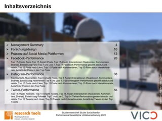Studiensteckbrief Studie Social Media-
Performance Gesetzliche Unfallversicherung 2021
Inhaltsverzeichnis
➢ Management Summary 4
➢ Forschungsdesign 10
➢ Präsenz auf Social Media-Plattformen 13
➢ Facebook-Performance 20
Top 17 Anzahl Fans, Top 17 Anzahl Posts, Top 17 Anzahl Interaktionen (Reaktionen, Kommentare,
Shares), Entwicklung Fans Top 7 und Low 7, Top 17 Facebook-Performance gesamt absolut und
relativ, Top 10 Posts nach Likes, Top 10 Posts nach Kommentaren, Top 10 Posts nach Interaktions-
rate, Anzahl der Posts in den Top Posts
➢ Instagram-Performance 38
Top 6 Anzahl Abonnenten, Top 6 Anzahl Posts, Top 6 Anzahl Interaktionen (Reaktionen, Kommentare,
Shares), Entwicklung Abonnenten Top 4 und Low 4, Top 6 Instagram-Performance gesamt absolut und
relativ, Top 10 Posts nach Likes, Top 10 Posts nach Kommentaren, Top 10 Posts nach Interaktionsrate,
Anzahl der Posts in den Top Posts
➢ Twitter-Performance 56
Top 14 Anzahl Follower, Top 14 Anzahl Tweets, Top 14 Anzahl Interaktionen (Reaktionen, Kommen-
tare, Shares), Entwicklung Follower Top 7 und Low 7, Top 14 Twitter-Performance gesamt absolut und
relativ, Top 10 Tweets nach Likes, Top 10 Tweets nach Interaktionsrate, Anzahl der Tweets in den Top
Tweets
©Elmar
Gubisch/123RF.COM
 