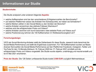 6
Studiensteckbrief Studie Social Media-
Performance Kaffee 2021
Informationen zur Studie
Forschungsdesign:
VICO als Social Monitoring-Anbieter stellt die Zahlenbasis für diese Studie, research tools berechnet die
Social Media-Performance und stellt die Ergebnisse zusammen. Für 100 Kaffeemarken wurden auf Basis
diverser Kennzahlen die Social Media-Performance auf den Plattformen Facebook, Instagram, Twitter und
YouTube für den 12-Monats-Zeitraum 18. Februar 2020 bis 17. Februar 2021 ermittelt und die
erfolgreichsten Posts und Videos vorgestellt. Die Studie wurde objektiv, unabhängig und neutral erstellt und
ist im Mai 2021 erschienen.
Die Studie analysiert unter anderem folgende Aspekte:
▪ welche Kaffeemarken sind bei den verschiedenen Erfolgskennzahlen die Benchmarks?
▪ auf welchen Plattformen setzen die Anbieter ihre Schwerpunkte, wo haben sie Schwächen?
▪ welche Marken zählen in den Social Media zu den Großen der Branche?
▪ welche Anbieter verzeichnen das stärkste Follower-Wachstum?
▪ welches sind die erfolgreichsten Posts und Videos?
▪ welche Anbieter zeichnen sich durch besonders viele beliebte Posts und Videos aus?
▪ welche Positionierung nehmen die 100 Kaffeemarken im Wettbewerbsvergleich ein?
Preis der Studie: Die 126 Seiten umfassende Studie kostet 2.800 EUR zuzüglich Mehrwertsteuer.
Studieninhalte:
 