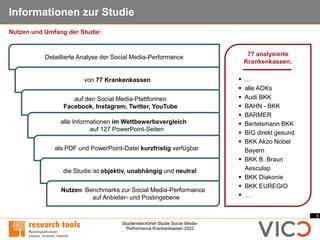 4
Studiensteckbrief Studie Social Media-
Performance Krankenkassen 2022
Informationen zur Studie
77 analysierte
Krankenkas...
