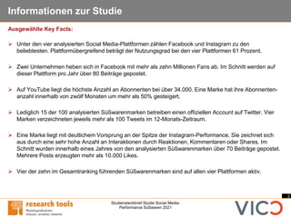 2
Studiensteckbrief Studie Social Media-
Performance Süßwaren 2021
Informationen zur Studie
➢ Unter den vier analysierten Social Media-Plattformen zählen Facebook und Instagram zu den
beliebtesten. Plattformübergreifend beträgt der Nutzungsgrad bei den vier Plattformen 61 Prozent.
➢ Zwei Unternehmen heben sich in Facebook mit mehr als zehn Millionen Fans ab. Im Schnitt werden auf
dieser Plattform pro Jahr über 80 Beiträge gepostet.
➢ Auf YouTube liegt die höchste Anzahl an Abonnenten bei über 34.000. Eine Marke hat ihre Abonnenten-
anzahl innerhalb von zwölf Monaten um mehr als 50% gesteigert.
➢ Lediglich 15 der 100 analysierten Süßwarenmarken betreiben einen offiziellen Account auf Twitter. Vier
Marken verzeichneten jeweils mehr als 100 Tweets im 12-Monats-Zeitraum.
➢ Eine Marke liegt mit deutlichem Vorsprung an der Spitze der Instagram-Performance. Sie zeichnet sich
aus durch eine sehr hohe Anzahl an Interaktionen durch Reaktionen, Kommentaren oder Shares. Im
Schnitt wurden innerhalb eines Jahres von den analysierten Süßwarenmarken über 70 Beiträge gepostet.
Mehrere Posts erzeugten mehr als 10.000 Likes.
➢ Vier der zehn im Gesamtranking führenden Süßwarenmarken sind auf allen vier Plattformen aktiv.
Ausgewählte Key Facts:
 