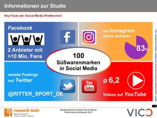 3
Studiensteckbrief Studie Social Media-
Performance Süßwaren 2021
Informationen zur Studie
Key Facts der Social Media-Plattformen:
©Dan
Leech/GraphicsVibe/iconarchive.com/Martin
Leblanc/iconfinder.com
100
Süßwarenmarken
in Social Media
83%
auf Instagram
aktive Anbieter
Facebook
2 Anbieter mit
>10 Mio. Fans
Ø 6,2
Videos auf YouTube
meiste Postings
auf Twitter
@RITTER_SPORT_DE
 