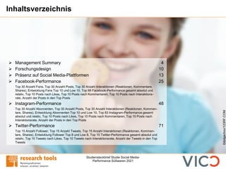 Studiensteckbrief Studie Social Media-
Performance Süßwaren 2021
Inhaltsverzeichnis
➢ Management Summary 4
➢ Forschungsdesign 10
➢ Präsenz auf Social Media-Plattformen 13
➢ Facebook-Performance 25
Top 30 Anzahl Fans, Top 30 Anzahl Posts, Top 30 Anzahl Interaktionen (Reaktionen, Kommentare,
Shares), Entwicklung Fans Top 10 und Low 10, Top 99 Facebook-Performance gesamt absolut und
relativ, Top 10 Posts nach Likes, Top 10 Posts nach Kommentaren, Top 10 Posts nach Interaktions-
rate, Anzahl der Posts in den Top Posts
➢ Instagram-Performance 48
Top 30 Anzahl Abonnenten, Top 30 Anzahl Posts, Top 30 Anzahl Interaktionen (Reaktionen, Kommen-
tare, Shares), Entwicklung Abonnenten Top 10 und Low 10, Top 83 Instagram-Performance gesamt
absolut und relativ, Top 10 Posts nach Likes, Top 10 Posts nach Kommentaren, Top 10 Posts nach
Interaktionsrate, Anzahl der Posts in den Top Posts
➢ Twitter-Performance 71
Top 15 Anzahl Follower, Top 15 Anzahl Tweets, Top 15 Anzahl Interaktionen (Reaktionen, Kommen-
tare, Shares), Entwicklung Follower Top 8 und Low 8, Top 15 Twitter-Performance gesamt absolut und
relativ, Top 10 Tweets nach Likes, Top 10 Tweets nach Interaktionsrate, Anzahl der Tweets in den Top
Tweets
©dolgachov/123RF.COM
 