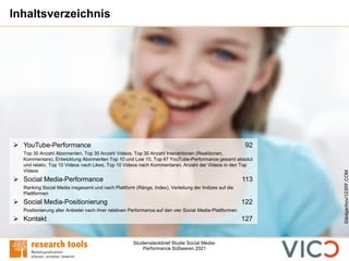 Studiensteckbrief Studie Social Media-
Performance Süßwaren 2021
Inhaltsverzeichnis
➢ YouTube-Performance 92
Top 30 Anzahl Abonnenten, Top 30 Anzahl Videos, Top 30 Anzahl Interaktionen (Reaktionen,
Kommentare), Entwicklung Abonnenten Top 10 und Low 10, Top 47 YouTube-Performance gesamt absolut
und relativ, Top 10 Videos nach Likes, Top 10 Videos nach Kommentaren, Anzahl der Videos in den Top
Videos
➢ Social Media-Performance 113
Ranking Social Media insgesamt und nach Plattform (Ränge, Index), Verteilung der Indizes auf die
Plattformen
➢ Social Media-Positionierung 122
Positionierung aller Anbieter nach ihrer relativen Performance auf den vier Social Media-Plattformen
➢ Kontakt 127
©dolgachov/123RF.COM
 