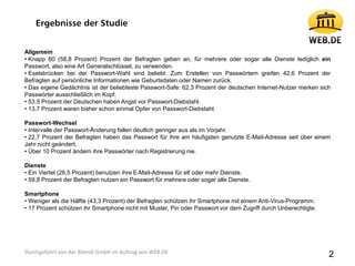 Ergebnisse der Studie
2
Allgemein
• Knapp 60 (58,8 Prozent) Prozent der Befragten geben an, für mehrere oder sogar alle Dienste lediglich ein
Passwort, also eine Art Generalschlüssel, zu verwenden.
• Eselsbrücken bei der Passwort-Wahl sind beliebt: Zum Erstellen von Passwörtern greifen 42,6 Prozent der
Befragten auf persönliche Informationen wie Geburtsdaten oder Namen zurück.
• Das eigene Gedächtnis ist der beliebteste Passwort-Safe: 62,3 Prozent der deutschen Internet-Nutzer merken sich
Passwörter ausschließlich im Kopf.
• 53,5 Prozent der Deutschen haben Angst vor Passwort-Diebstahl.
• 13,7 Prozent waren bisher schon einmal Opfer von Passwort-Diebstahl.
Passwort-Wechsel
• Intervalle der Passwort-Änderung fallen deutlich geringer aus als im Vorjahr.
• 22,7 Prozent der Befragten haben das Passwort für ihre am häufigsten genutzte E-Mail-Adresse seit über einem
Jahr nicht geändert.
• Über 10 Prozent ändern ihre Passwörter nach Registrierung nie.
Dienste
• Ein Viertel (26,5 Prozent) benutzen ihre E-Mail-Adresse für elf oder mehr Dienste.
• 59,8 Prozent der Befragten nutzen ein Passwort für mehrere oder sogar alle Dienste.
Smartphone
• Weniger als die Hälfte (43,3 Prozent) der Befragten schützen ihr Smartphone mit einem Anti-Virus-Programm.
• 17 Prozent schützen ihr Smartphone nicht mit Muster, Pin oder Passwort vor dem Zugriff durch Unberechtigte.
Durchgeführt von der Bilendi GmbH im Auftrag von WEB.DE
 