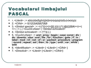 Vocabularul limbajului PASCAL 1.  <Literă>  ::= a|b|c|d|e|f|g|h|i|j|k|l|m|n|o|p|q|r|s|t|u|v|w|x|y|z 2.  <Cifră>  ::= 0|1|2|3|4|5|6|7|8|9 3. < Simbol special > ::= +|-|*|/|=|<|>|]|[|,|(|)|:|;|^|.|@|{|}|$|#|<=|>=| <> | := |..|  <Cuvînt-cheie>  |  <Simbol echivalent> 4.  <Simbol echivalent>  ::= (*|*)|(.|.) 5.  <Cuvînt-cheie>  ::=  and  |  array  |  begin  |  case |  const  |  div  |  do  |  downto  |  else  |  end  |  file  |  for  |  function  |  goto  |  if  |  in  |  label  |  mod  |  nil  |  not  |  of  |  or  |  packed  |  procedure  |  program  |  record  |  repeat  |  set  |  then  |  to  |  type  |  until  |  var  |  while  | with 6.  <Identificator>  ::=  <Literă>  {  <Literă>  |  <Cifră>  } 7.  <Directivă>  ::=  <Literă>  { <Literă>  |  <Cifră> } 