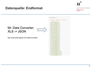 Datenquelle: Endformat
6
Mr. Data Converter:
XLS -> JSON
http://shancarter.github.io/mr-data-converter/
 