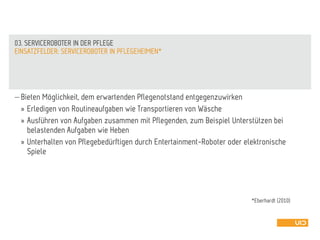  Bieten Möglichkeit, dem erwartenden Pflegenotstand entgegenzuwirken
» Erledigen von Routineaufgaben wie Transportieren von Wäsche
» Ausführen von Aufgaben zusammen mit Pflegenden, zum Beispiel Unterstützen bei
belastenden Aufgaben wie Heben
» Unterhalten von Pflegebedürftigen durch Entertainment-Roboter oder elektronische
Spiele
EINSATZFELDER: SERVICEROBOTER IN PFLEGEHEIMEN*
03. SERVICEROBOTER IN DER PFLEGE
*Eberhardt (2010)
 