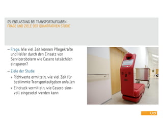  Frage: Wie viel Zeit können Pflegekräfte
und Helfer durch den Einsatz von
Servicerobotern wie Casero tatsächlich
einsparen?
 Ziele der Studie
» Richtwerte ermitteln, wie viel Zeit für
bestimmte Transportaufgaben anfallen
» Eindruck vermitteln, wie Casero sinn-
voll eingesetzt werden kann
FRAGE UND ZIELE DER QUANTITATIVEN STUDIE
05. ENTLASTUNG BEI TRANSPORTAUFGABEN
 