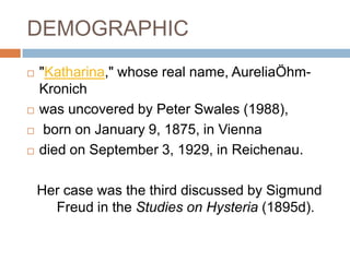 under hypnosis she battled to hold back tears daily in order not to distress her dying father, her squint and visual disturbance resolved. Her paralyzed arm was related to a dream in which a black snake attacked her father and she was unable to lift a finger to stop it. Similarly, once she recalled the circumstances which led to the paralysis, the symptoms disappeared
