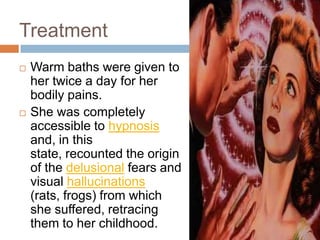 Freud again applied pressure to her forehead with his hands. Another scene materialized where her employer had scolded her violently for having allowed a female visitor to kiss his children. This scene indicated that she realized he did not love her, and was associated with another scene, this time of the conclusion of a meal and the presence of cigar smoke. This realization resulted in her complete recovery, probably near the end of January 1893. 