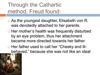 TreatmentWarm baths were given to her twice a day for her bodily pains. She was completely accessible to hypnosis and, in this state, recounted the origin of the delusional fears and visual hallucinations (rats, frogs) from which she suffered, retracing them to her childhood.