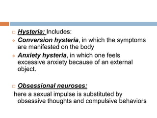 Another enigmatic conversion syndrome is pseudociasis (false pregnancy) in women who develop morning sickness, absence of period, fullness of breast, and bulging belly without being pregnant.Thus , the symptom is both a source of sexual satisfaction as well as being the result of sexual repression. In other words the patients symptoms are due to the damming up of their normal sexual life due to repression and resistance to the sexual instinct. 