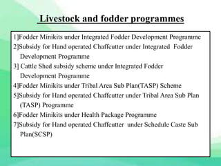Livestock and fodder programmes
1]Fodder Minikits under Integrated Fodder Development Programme
2]Subsidy for Hand operated Chaffcutter under Integrated Fodder
Development Programme
3] Cattle Shed subsidy scheme under Integrated Fodder
Development Programme
4]Fodder Minikits under Tribal Area Sub Plan(TASP) Scheme
5]Subsidy for Hand operated Chaffcutter under Tribal Area Sub Plan
(TASP) Programme
6]Fodder Minikits under Health Package Programme
7]Subsidy for Hand operated Chaffcutter under Schedule Caste Sub
Plan(SCSP)
 