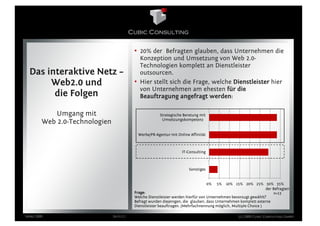 • 20% der Befragten glauben, dass Unternehmen die
                                            Konzeption und Umsetzung von Web 2.0-
                                            Technologien komplett an Dienstleister
  Das interaktive Netz –                    outsourcen.
       Web2.0 und                         • Hier stellt sich die Frage, welche Dienstleister hier
                                            von Unternehmen am ehesten für die
        die Folgen                          Beauftragung angefragt werden:

            Umgang mit                                 Strategische Beratung mit
                                                        Umsetzungskompetenz
        Web 2.0-Technologien
                                            Werbe/PR-Agentur mit Online Affinität



                                                                    IT-Consulting



                                                                       Sonstiges


                                                                                    0%   5% 10% 15% 20% 25% 30% 35%
                                                                                                                 der Befragten
                                          Frage:                                                                      n=13
                                          Welche Dienstleister werden hierfür von Unternehmen bevorzugt gewählt?
                                          Befragt wurden diejenigen, die glauben, dass Unternehmen komplett externe
                                          Dienstleister beauftragen. (Mehrfachnennung möglich, Multiple Choice )

März 2009                      Seite 11                                                           (c) 2009 Cubic Consulting GmbH
 