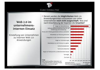 • Derzeit werden die Möglichkeiten Web 2.0-
                                         Anwendungenintern einzusetzen von vielen
                                         Unternehmen noch nicht ausgeschöpft. Was sind
           Web 2.0 im                    nach Einschätzung der Experten die Ursachen?
         unternehmens-                                       Angst vor Kontrollverlust

        internen Einsatz                        Fehlende Ressourcen/Know-how für die
                                                     Einführung und Umsetzung
                                      Niveau der Inhalte garantieren ohne zu zensieren

 Einstellung von Unternehmen                        Mitarbeiter zur Nutzung aktivieren

      zu internen Web 2.0-                    Integration in die Unternehmensprozesse

         Anwendungen                                         Angst vor Veränderungen

                                                Mitarbeitern zu viel Freiraum zu geben

                                                                 Sicherheitsbedenken

                                                                 Technische Bedenken

                                       Angst vor hohen/nicht zu kalkulierenden Kosten

                                                                            Sonstiges

                                                                             Gar keine
                                      Frage:
                                      Was sind die größten Bedenken von                  0% 10% 20% 30% 40% 50% 60% 70%
                                      Unternehmen beim internen Einsatz        (Multiple Choice,              der Befragten
                                      von Web 2.0-Anwendungen?                 Mehrfachnennung möglich)           n=64

März 2009                  Seite 13                                                             (c) 2009 Cubic Consulting GmbH
 