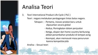 Analisa Teori
3. Teori International Product Life Cycle ( PLC )
Teori : negara melakukan perdagangan lintas batas negara.
Tahapan : - Pertama, inovasi produk baru untuk
dipasarkan secara global
- Kedua, Peningkatan dalam penjualan
- Ketiga, ekspor dari home country berkurang
akibat penambahan produksi di tempat asing
- Keempat, akan memasuki masa penurunan
karena kompetitor,dsb
Analisa : Sesuai teori
 