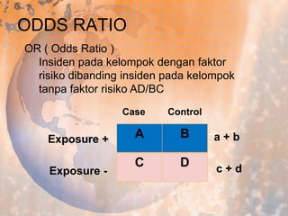 ODDS RATIO
OR ( Odds Ratio )
Insiden pada kelompok dengan faktor
risiko dibanding insiden pada kelompok
tanpa faktor risiko AD/BC
Case

Exposure +
Exposure -

Control

A

B

a+b

C

D

c+d

 