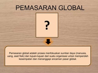 PEMASARAN GLOBAL
?
Pemasaran global adalah proses menfokuskan sumber daya (manusia,
uang, aset fisik) dan tujuan-tujuan dari suatu organisasi untuk memperoleh
kesempatan dan menanggapi ancaman pasar global.
 