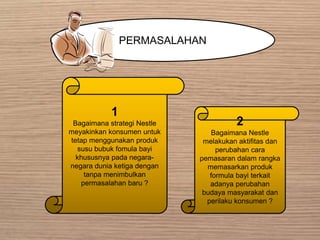 PERMASALAHAN
1
Bagaimana strategi Nestle
meyakinkan konsumen untuk
tetap menggunakan produk
susu bubuk fomula bayi
khususnya pada negara-
negara dunia ketiga dengan
tanpa menimbulkan
permasalahan baru ?
2
Bagaimana Nestle
melakukan aktifitas dan
perubahan cara
pemasaran dalam rangka
memasarkan produk
formula bayi terkait
adanya perubahan
budaya masyarakat dan
perilaku konsumen ?
 