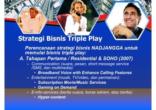 Strategi Bisnis Triple Play
  Perencanaan strategi bisnis NADJANGGA untuk
  memulai bisnis triple play:
A. Tahapan Pertama / Residential & SOHO (2007)
  – Communication (suara, pesan, short message service
    /SMS, dan multimedia):
      • Broadband Voice with Enhance Calling Features
  – Entertainment (musik, TV/video, dan permainan):
      • Subscription Movie/Music Services
      • Gaming on Demand
  – E-info-services (berita cuaca, bursa saham, atau berita):
      • Hyper-content
 