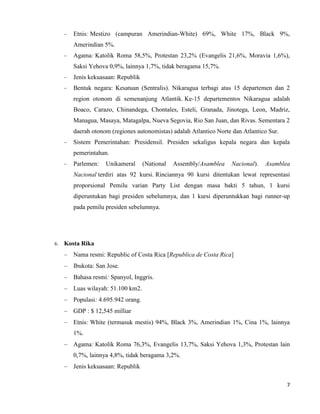 7
Etnis: Mestizo (campuran Amerindian-White) 69%, White 17%, Black 9%,
Amerindian 5%.
Agama: Katolik Roma 58,5%, Protestan 23,2% (Evangelis 21,6%, Moravia 1,6%),
Saksi Yehova 0,9%, lainnya 1,7%, tidak beragama 15,7%.
Jenis kekuasaan: Republik
Bentuk negara: Kesatuan (Sentralis). Nikaragua terbagi atas 15 departemen dan 2
region otonom di semenanjung Atlantik. Ke-15 departementos Nikaragua adalah
Boaco, Carazo, Chinandega, Chontales, Esteli, Granada, Jinotega, Leon, Madriz,
Managua, Masaya, Matagalpa, Nueva Segovia, Rio San Juan, dan Rivas. Sementara 2
daerah otonom (regiones autonomistas) adalah Atlantico Norte dan Atlantico Sur.
Sistem Pemerintahan: Presidensil. Presiden sekaligus kepala negara dan kepala
pemerintahan.
Parlemen: Unikameral (National Assembly/Asamblea Nacional). Asamblea
Nacional terdiri atas 92 kursi. Rinciannya 90 kursi ditentukan lewat representasi
proporsional Pemilu varian Party List dengan masa bakti 5 tahun, 1 kursi
diperuntukan bagi presiden sebelumnya, dan 1 kursi diperuntukkan bagi runner-up
pada pemilu presiden sebelumnya.
6. Kosta Rika
Nama resmi: Republic of Costa Rica [Republica de Costa Rica]
Ibukota: San Jose.
Bahasa resmi: Spanyol, Inggris.
Luas wilayah: 51.100 km2.
Populasi: 4.695.942 orang.
GDP : $ 12,545 milliar
Etnis: White (termasuk mestis) 94%, Black 3%, Amerindian 1%, Cina 1%, lainnya
1%.
Agama: Katolik Roma 76,3%, Evangelis 13,7%, Saksi Yehova 1,3%, Protestan lain
0,7%, lainnya 4,8%, tidak beragama 3,2%.
Jenis kekuasaan: Republik
 