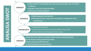 a) Lokasi apotek berada dipinggir jalan utama perempatan pakis yang ramai dilalui
kendaraan.
b) Apoteker selalu ada di apotek (Standby).
c) Pelayanan konsultasi obat gratis.
a) Status bangunan masih kontrak
b) Management sistem yang masih manual/belum menggunakan sistem
komputerisasi.
a) Pinggir jalan yang ramai
b) Dekat dengan keramaian salah satunya adanya kampus IAIN
c) Potensi daerah, dekat dengan pemukiman warga
a) Mayoritas status ekonomi masyarakat sekitar apotek menengah kebawah.
b) Jarak dengan pesaing apotek lainnya dekat.
c) Harga obat yang relatif tidak stabil.
d) Apotek tidak bisa buka selama 24 jam.
ANALISA
SWOT STRENGHT
WEAKNESS
OPPORTUNITY
THREATHS
 