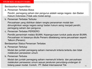 STUDI KELAYAKAN USAHA
Berdasarkan kepemilikan
a. Perseroan Terbatas Biasa
Pendiri, pemegang saham dan pengurus adalah warga negara dan Badan
Hukum Indonesia (Tidak ada modal asing)
b. Perseroan Terbatas Terbuka
Perusahaan yang didirikan dalam rangka penanaman modal dan
dimungkinkan warga negara asing/ badan hukum asing menjadi pendiri,
pemegang saham dan pengurus
c. Perseroan Terbatas PERSERO
Pemilik pemerintah melalui BUMN. Kepengurusan tunduk pada aturan BUMN.
Perusahaan ini biasanya ditulis Persero dibelakang nama perusahaan seperti
Telkom (Persero)
Berdasarkan Status Perseroan Terbatas
a. Perseroan Tertutup
Modal dan jumlah pemegang saham memenuhi kriteria tertentu dan tidak
melakukan penawaran umum
b. Perseroan Terbuka
Modal dan jumlah pemegang saham memenuhi kriteria dan perusahaan
melakukan penawaran umum sesuai peraturan perundang-undangan di
bidang pasar modal. Contoh; PT. Babel Internasional Tbk 15
 