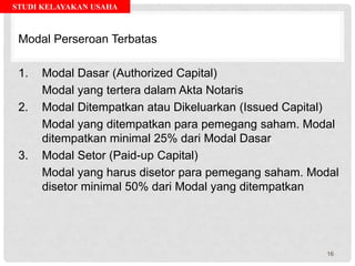 STUDI KELAYAKAN USAHA
Modal Perseroan Terbatas
1. Modal Dasar (Authorized Capital)
Modal yang tertera dalam Akta Notaris
2. Modal Ditempatkan atau Dikeluarkan (Issued Capital)
Modal yang ditempatkan para pemegang saham. Modal
ditempatkan minimal 25% dari Modal Dasar
3. Modal Setor (Paid-up Capital)
Modal yang harus disetor para pemegang saham. Modal
disetor minimal 50% dari Modal yang ditempatkan
16
 