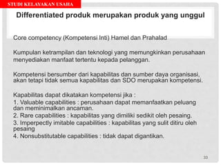 STUDI KELAYAKAN USAHA
Differentiated produk merupakan produk yang unggul
Core competency (Kompetensi Inti) Hamel dan Prahalad
Kumpulan ketrampilan dan teknologi yang memungkinkan perusahaan
menyediakan manfaat tertentu kepada pelanggan.
Kompetensi bersumber dari kapabilitas dan sumber daya organisasi,
akan tetapi tidak semua kapabilitas dan SDO merupakan kompetensi.
Kapabilitas dapat dikatakan kompetensi jika :
1. Valuable capabilities : perusahaan dapat memanfaatkan peluang
dan meminimalkan ancaman.
2. Rare capabilities : kapabilitas yang dimiliki sedikit oleh pesaing.
3. Imperpectly imitable capabilities : kapabilitas yang sulit ditiru oleh
pesaing
4. Nonsubstitutable capabilities : tidak dapat digantikan.
33
 