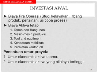 STUDI KELAYAKAN USAHA
INVESTASI AWAL
► Biaya Pra Operasi (Studi kelayakan, litbang
produk, perizinan, uji coba proses)
► Biaya Aktiva tetap
1. Tanah dan Bangunan
2. Mesin-mesin produksi
3. Tool and equifment
4. Kendaraan mobilitas
5. Peralatan kantor, dll
Penentuan umur proyek:
1. Umur ekonomis aktiva utama.
2. Umur ekonomis aktiva yang nilainya tertinggi.
36
 