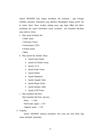 15
Apotek MILIMED yaitu dengan tersedianya alat kesehatan , juga berbagai
kelebihan pelayanan kefarmasian yang diberikan dibandingkan dengan apotek lain
di sekitar lokasi. Besar kecilnya peluang pasar juga dapat dilihat dari faktor
pendukung lain seperti keberadaan sarana kesehatan dan kepadatan lalu-lintas
yang melewati lokasi.
a. Data sarana kesehatan lain
• Klinik umum
• Puskesmas Poncol
 Laboratorium CITO
 Praktek dokter
• Bidan
b. Data Apotek lain disekitar lokasi
 Apotek Imam Bonjol
 Apotek Era Medica Farma
 Apotek 121 K
 Apotek Kimia Farma
 Apotek Hendra
 Apotek Indraprasta
 Apotek Anugrah Sehat
 Apotek Bergas Farma
 Apotek Beringin Indah
 Apotek CITO Farma
c. Data kepadatan lalu-lintas
Data kepadatan lalu-lintas tiap jam :
- Motor : ± 1064
- Mobil selain angkot : ± 675
- Angkutan umum : ± 158
4. Targeting
Apotek MILIMED melayani permintaan obat resep dan obat bebas bagi
semua kelompok masyarakat.
 