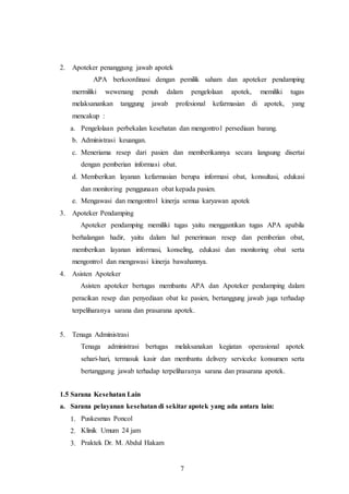 7
2. Apoteker penanggung jawab apotek
APA berkoordinasi dengan pemilik saham dan apoteker pendamping
mermiliki wewenang penuh dalam pengelolaan apotek, memiliki tugas
melaksanankan tanggung jawab profesional kefarmasian di apotek, yang
mencakup :
a. Pengelolaan perbekalan kesehatan dan mengontrol persediaan barang.
b. Administrasi keuangan.
c. Meneriama resep dari pasien dan memberikannya secara langsung disertai
dengan pemberian informasi obat.
d. Memberikan layanan kefarmasian berupa informasi obat, konsultasi, edukasi
dan monitoring penggunaan obat kepada pasien.
e. Mengawasi dan mengontrol kinerja semua karyawan apotek
3. Apoteker Pendamping
Apoteker pendamping memiliki tugas yaitu menggantikan tugas APA apabila
berhalangan hadir, yaitu dalam hal penerimaan resep dan pemberian obat,
memberikan layanan informasi, konseling, edukasi dan monitoring obat serta
mengontrol dan mengawasi kinerja bawahannya.
4. Asisten Apoteker
Asisten apoteker bertugas membantu APA dan Apoteker pendamping dalam
peracikan resep dan penyediaan obat ke pasien, bertanggung jawab juga terhadap
terpeliharanya sarana dan prasarana apotek.
5. Tenaga Administrasi
Tenaga administrasi bertugas melaksanakan kegiatan operasional apotek
sehari-hari, termasuk kasir dan membantu delivery serviceke konsumen serta
bertanggung jawab terhadap terpeliharanya sarana dan prasarana apotek.
1.5 Sarana Kesehatan Lain
a. Sarana pelayanan kesehatan di sekitar apotek yang ada antara lain:
1. Puskesmas Poncol
2. Klinik Umum 24 jam
3. Praktek Dr. M. Abdul Hakam
 