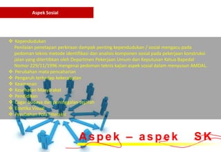 Aspek Sosial




 Kependudukan
  Penilaian penetapan perkiraan dampak penting kependudukan / sosial mengacu pada
  pedoman teknis metode identifikasi dan analisis komponen sosial pada pekerjaan konstruksi
  jalan yang ditertibkan oleh Departmen Pekerjaan Umum dan Keputusan Ketua Bapedal
  Nomor 229/11/1996 mengenai pedoman teknis kajian aspek sosial dalam menyusun AMDAL.
 Perubahan mata pencaharian
 Pengaruh terhadap kekerabatan
 Keamanan
 Kesehatan Masyarakat
 Pendidikan
 Cagar budaya dan peninggalan sejarah
 Estetika Visual
 Perubahan Pola Interaksi



                                Aspek – aspek                                        SK
 