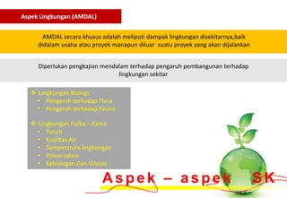 Aspek Lingkungan (AMDAL)


       AMDAL secara khusus adalah meliputi dampak lingkungan disekitarnya,baik
     didalam usaha atau proyek manapun diluar suatu proyek yang akan dijalankan


     Diperlukan pengkajian mendalam terhadap pengaruh pembangunan terhadap
                                lingkungan sekitar

   Lingkungan Biologi
    • Pengaruh terhadap Flora
    • Pengaruh terhadap Fauna

   Lingkungan Fisika – Kimia
    • Tanah
    • Kualitas Air
    • Temperature lingkungan
    • Polusi udara
    • Kebisingan Dan Vibrasi

                           Aspek – aspek                                          SK
 