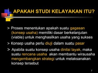 APAKAH STUDI KELAYAKAN ITU?
> Proses menentukan apakah suatu gagasan
(konsep usaha) memiliki dasar berkelanjutan
(viable) untuk menghasilkan usaha yang sukses
> Konsep usaha perlu diuji dalam suatu pasar
> Apabila suatu konsep usaha dinilai layak, maka
suatu rencana usaha akan membantu wirausaha
mengembangkan strategi untuk melaksanakan
konsep tersebut
7
 