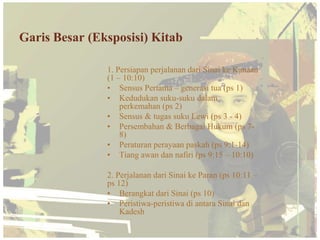 Garis Besar (Eksposisi) Kitab

               1. Persiapan perjalanan dari Sinai ke Kanaan
               (1 – 10:10)
               • Sensus Pertama – generasi tua (ps 1)
               • Kedudukan suku-suku dalam
                   perkemahan (ps 2)
               • Sensus & tugas suku Lewi (ps 3 - 4)
               • Persembahan & Berbagai Hukum (ps 7-
                   8)
               • Peraturan perayaan paskah (ps 9:1-14)
               • Tiang awan dan nafiri (ps 9:15 – 10:10)

               2. Perjalanan dari Sinai ke Paran (ps 10:11 –
               ps 12)
               • Berangkat dari Sinai (ps 10)
               • Peristiwa-peristiwa di antara Sinai dan
                   Kadesh
 