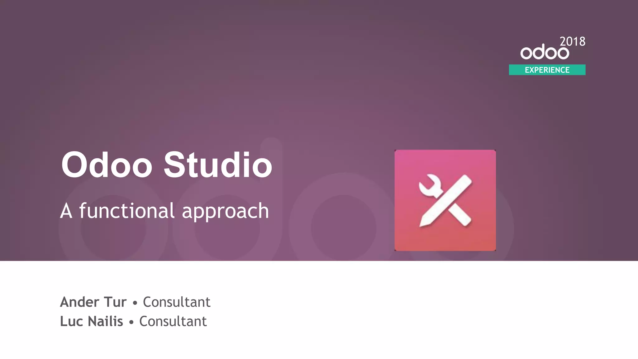 Odoo Studio
A functional approach
Ander Tur • Consultant
Luc Nailis • Consultant
EXPERIENCE
2018
 