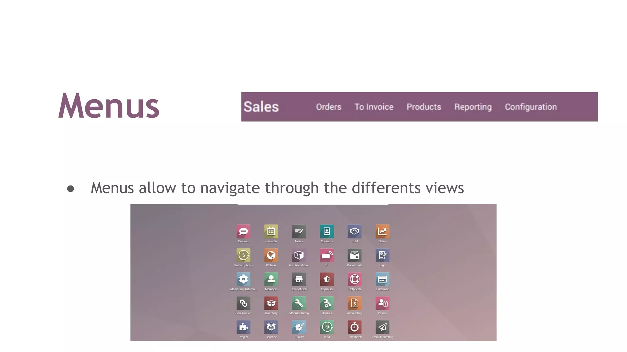 Menus
● Menus allow to navigate through the differents views
 