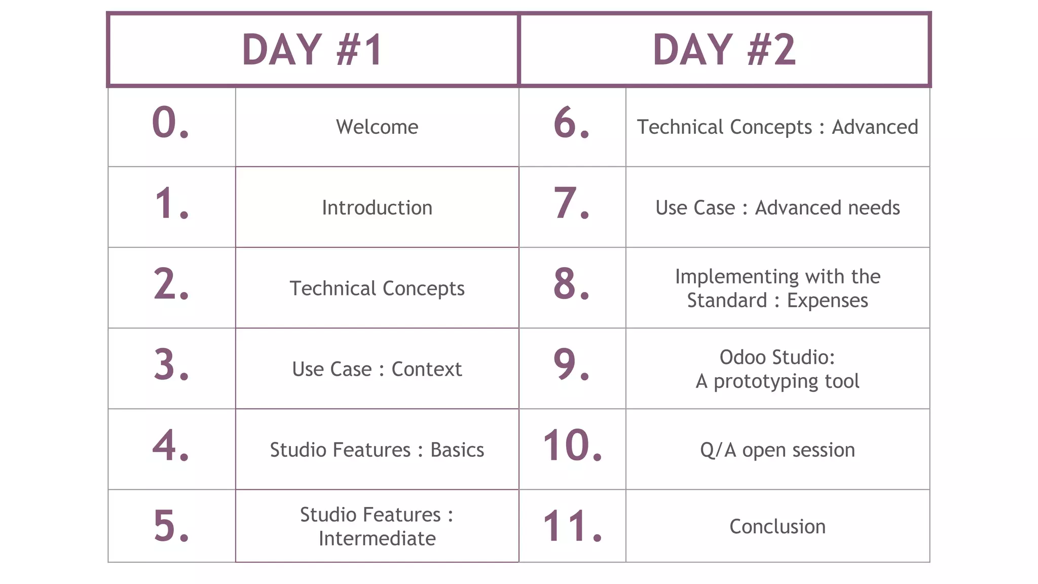 DAY #1 DAY #2
0. Welcome 6. Technical Concepts : Advanced
1. Introduction 7. Use Case : Advanced needs
2. Technical Concepts 8. Implementing with the
Standard : Expenses
3. Use Case : Context 9. Odoo Studio:
A prototyping tool
4. Studio Features : Basics 10. Q/A open session
5. Studio Features :
Intermediate 11. Conclusion
 