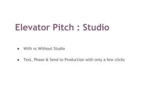 Elevator Pitch : Studio
● With vs Without Studio
● Test, Phase & Send to Production with only a few clicks
 