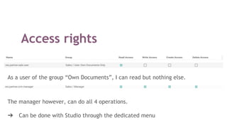 Access rights
As a user of the group “Own Documents”, I can read but nothing else.
The manager however, can do all 4 operations.
➔ Can be done with Studio through the dedicated menu
 