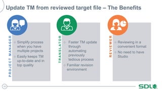 15
○ Simplify process
when you have
multiple projects
○ Easily keeps TM
up-to-date and in
top quality
PROJECTMANAGER
○ Faster TM update
through
automating
previously
tedious process
○ Familiar revision
environment
TRANSLATOR
○ Reviewing in a
convenient format
○ No need to have
Studio
REVIEWER
Update TM from reviewed target file – The Benefits
 