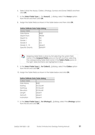DMDSL-TMP-0001-1.00 Studio 3 Introductory Geology Training Manual 52
12. Assign the Table fields as shown in the table bel...