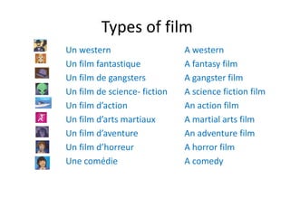 Types of film
Un western
Un film fantastique
Un film de gangsters
Un film de science- fiction
Un film d’action
Un film d’arts martiaux
Un film d’aventure
Un film d’horreur
Une comédie
A western
A fantasy film
A gangster film
A science fiction film
An action film
A martial arts film
An adventure film
A horror film
A comedy
 