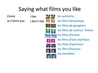 Saying what films you like
J’aime
Je n’aime pas
I like
I don’t like
les westerns
les films fantastique
les films de gangsters
les films de science- fiction
les films d’action
les films d’arts martiaux
les films d’aventure
les film d’horreur
les comédies
 